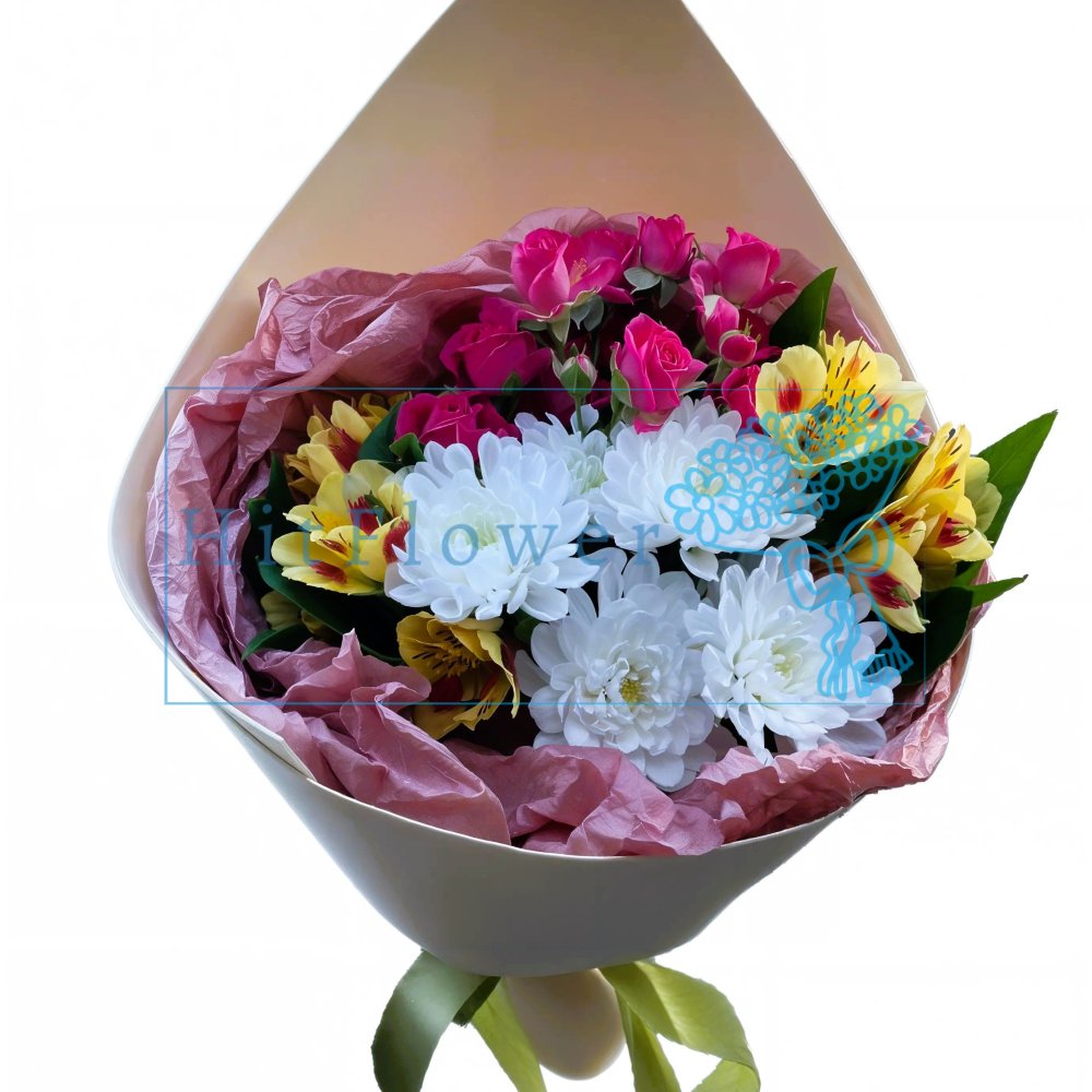 Букет цветов из: Хризантемы, Розы и Альстромерии